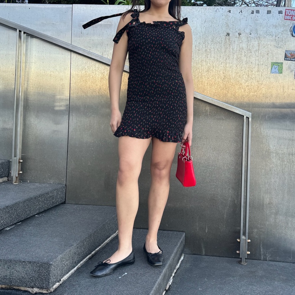 Free People Black & Red Sheath Mini Dress w Bow Tie Shoulder Straps - Size Small - Picture 5 of 14